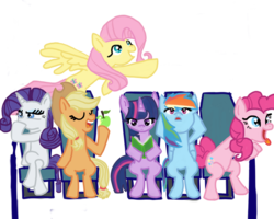 Size: 1280x1024 | Tagged: safe, applejack, fluttershy, pinkie pie, rainbow dash, rarity, twilight sparkle, earth pony, pegasus, pony, unicorn, g4, apple, book, chair, crossed legs, eating, eyes closed, female, flying, food, mane six, mare, open mouth, reading, simple background, sitting, spread wings, tongue out, transparent background, wings, wip