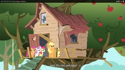 Size: 889x500 | Tagged: safe, screencap, apple bloom, applejack, scootaloo, sweetie belle, g4, clubhouse, crusaders clubhouse, cutie mark crusaders, youtube caption