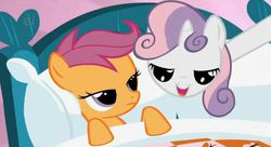 Size: 629x341 | Tagged: safe, screencap, scootaloo, sweetie belle, pony, g4, season 1, stare master, bed, bedroom eyes, female, filly, hush now quiet now, lesbian, long neck, long pony, out of context, pillow, ship:scootabelle, shipping, sweetie giraffe