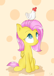 Size: 1505x2100 | Tagged: safe, artist:spikedmauler, fluttershy, chicken, pegasus, pony, g4, cute, sitting on head