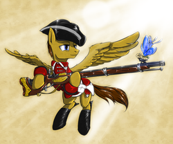 Size: 1290x1075 | Tagged: safe, artist:madhotaru, oc, oc only, butterfly, british, british army, clothes, gun, hat, line infantry, military, musket, red coat, soldier, tricorne, uniform, weapon