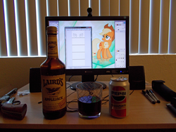 Size: 4608x3456 | Tagged: safe, artist:ibanez78, applejack, g4, alcohol, computer, gimp, gun, high res, irl, microsoft windows, otaku date, pepsi, photo, pistol, revolver, waifu dinner