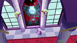 Size: 1280x720 | Tagged: safe, screencap, king sombra, twilight sparkle, pony, unicorn, g4, season 3, the crystal empire, bad end, canterlot castle, crystal heart, female, high angle, mare, sad, sitting, solo, stained glass, the bad guy wins, unicorn twilight, window