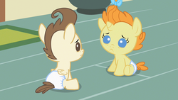 Size: 1280x720 | Tagged: safe, screencap, pound cake, pumpkin cake, baby cakes, g4, baby, baby pony, cake twins, cute, diaper, diapered, diapered colt, diapered filly, diapered foals, duo, female, filly, looking at each other, one month old colt, one month old filly, one month old foals, sad, siblings, twins, white diapers