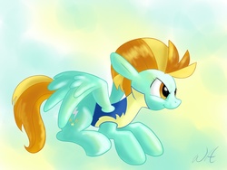 Size: 1600x1200 | Tagged: safe, artist:givenheart, lightning dust, pegasus, pony, g4, abstract background, clothes, female, mare, smiling, solo, uniform, wonderbolt trainee uniform