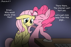 Size: 1080x720 | Tagged: safe, artist:strebiskunk, fluttershy, pinkie pie, g4, comforting, comic, comic sans, computer, crying, dialogue, internet