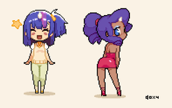 Size: 593x372 | Tagged: safe, artist:doxy, rarity, twilight sparkle, human, g4, blushing, clothes, dark skin, dress, eyes closed, high heels, horn, horned humanization, humanized, looking at you, looking back, looking back at you, pixel art, shoes, simple background