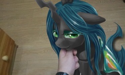 Size: 1500x902 | Tagged: safe, artist:mrs1989, queen chrysalis, changeling, changeling queen, human, g4, cute, cutealis, female, irl, looking at you, photo, ponies in real life, pov, smiling