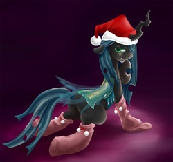 Size: 1200x1126 | Tagged: safe, artist:mrs1989, queen chrysalis, g4, clothes, hat, santa hat, socks