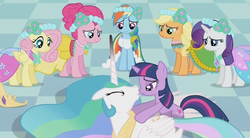 Size: 1381x765 | Tagged: safe, screencap, applejack, fluttershy, pinkie pie, princess celestia, rainbow dash, rarity, twilight sparkle, a canterlot wedding, g4, alternate hairstyle, bedroom eyes, bridesmaid, bridesmaid applejack, bridesmaid dash, bridesmaid dress, bridesmaid fluttershy, bridesmaid pinkie, bridesmaid rarity, clothes, dress, female, floral head wreath, flower, flower in hair, gown, inverted mouth, mane six, out of context, royal wedding, ship:twilestia, shipping