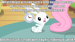 Size: 640x360 | Tagged: safe, edit, edited screencap, screencap, angel bunny, pegasus, pony, rabbit, g4, animal, caption, female, frown, hilarious in hindsight, image macro, mare, meta, offscreen character, open mouth, pointing, solo focus, stopwatch, text, wide eyes