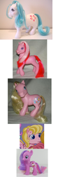 Size: 553x1674 | Tagged: safe, screencap, cupcake (g1), cupcake (g2), cupcake (g3), cupcake (g4), earth pony, pony, g1, g2, g3, g3.5, g4, blushing, comparison, cupcake (g3.5), female, generational ponidox, irl, mare, photo, toy