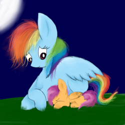Size: 4000x4000 | Tagged: safe, artist:froststarthecat, rainbow dash, scootaloo, pegasus, pony, g4, duo, eyes closed, female, filly, mare, moon, night, prone, sleeping