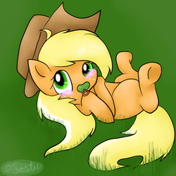 Size: 2000x2000 | Tagged: safe, artist:froststarthecat, applejack, earth pony, pony, g4, blank flank, blushing, cowboy hat, female, filly, foal, grass, hat, high res, hooves to the chest, looking at you, looking up, lying down, on back, outdoors, pacifier, solo, stetson, younger