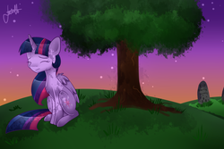 Size: 3000x2000 | Tagged: safe, artist:pastelflakes, rarity, twilight sparkle, alicorn, pony, g4, female, gravestone, immortality blues, implied death, mare, sad, solo, twilight (astronomy), twilight sparkle (alicorn), twilight will outlive her friends