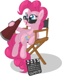 Size: 518x628 | Tagged: safe, artist:skorpionletun, pinkie pie, earth pony, pony, g4, chair, clapperboard, director, director's chair, female, megaphone, simple background, solo, sunglasses, transparent background