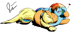 Size: 2166x1000 | Tagged: safe, artist:djscrwu, applejack, rainbow dash, g4, cuddling, female, heart, lesbian, ship:appledash, shipping