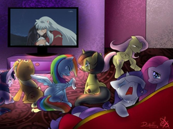 Size: 667x499 | Tagged: artist needed, safe, applejack, fluttershy, pinkie pie, rainbow dash, rarity, twilight sparkle, oc, oc:pauly sentry, g4, crying, exploitable meme, inuyasha, kikyo, kissing, mane six, meme, sad, sad movie meme