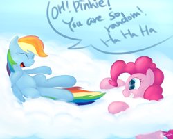 Size: 1000x800 | Tagged: safe, artist:ifthemainecoon, pinkie pie, rainbow dash, g4, cloud, duo, eyes closed, grin, laughing, on back, open mouth, pointing, smiling, snot, squee