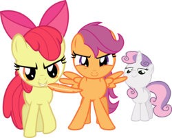 Size: 7466x6000 | Tagged: safe, artist:firestorm-can, apple bloom, scootaloo, sweetie belle, earth pony, pegasus, pony, unicorn, g4, just for sidekicks, absurd resolution, cutie mark crusaders, feather, female, filly, foal, imminent tickles, looking at you, simple background, slasher smile, tickle torture, transparent background, vector