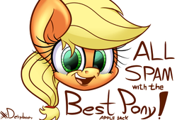 Size: 983x664 | Tagged: safe, artist:extradan, applejack, earth pony, pony, derpibooru, g4, female, head, looking at you, meta, open mouth, smiling, solo