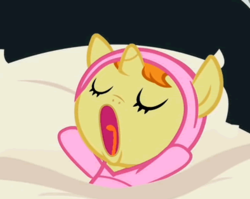 Size: 394x313 | Tagged: safe, screencap, pumpkin cake, pony, baby cakes, g4, my little pony: friendship is magic, baby, baby blanket, baby pony, blanket, blanket burrito, cropped, cute, daaaaaaaaaaaw, female, newborn, newborn foal, nursery, open mouth, pumpkinbetes, sleeping, solo, swaddled, yawn