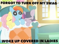 Size: 1024x768 | Tagged: safe, artist:mittsies, artist:rip, edit, fluttershy, rainbow dash, twilight sparkle, pony, g4, bed, female, flutterdashlight, implied group sex, implied sex, implied threesome, lesbian, mare, morning after, polyamory, ship:flutterdash, shipping, three curious ponies