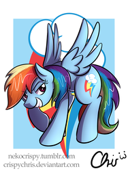 Size: 1800x2400 | Tagged: safe, artist:nekocrispy, rainbow dash, pegasus, pony, g4, cutie mark background, female, mare, raised hoof, smiling, spread wings, wings