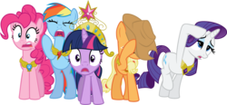 Size: 12890x6000 | Tagged: safe, artist:firestorm-can, applejack, pinkie pie, rainbow dash, rarity, twilight sparkle, earth pony, pegasus, pony, unicorn, g4, keep calm and flutter on, absurd resolution, big crown thingy, element of generosity, element of honesty, element of laughter, element of loyalty, element of magic, female, mare, shocked, simple background, transparent background, unicorn twilight, vector