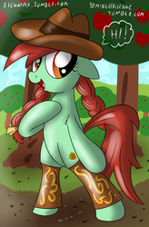 Size: 756x1152 | Tagged: safe, artist:ziemniax, candy apples, earth pony, pony, g4, apple, apple family member, apple tree, bipedal, cottagecore, cowboy hat, female, fruit, hat, looking at you, mare, open mouth, open smile, smiling, smiling at you, solo, tree