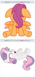 Size: 310x678 | Tagged: safe, scootaloo, sweetie belle, g4, exploitable meme, juxtaposition, juxtaposition win, meta