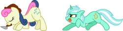 Size: 8654x2188 | Tagged: safe, artist:deadparrot22, artist:mickeymonster, bon bon, lyra heartstrings, sweetie drops, earth pony, pony, unicorn, g4, duo, hat, simple background, sneaking, sneaky, tongue out, transparent background, trowel