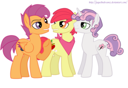 Size: 2132x1472 | Tagged: dead source, safe, artist:jaquelindreamz, apple bloom, scootaloo, sweetie belle, earth pony, pegasus, pony, unicorn, g4, applebuck, cutie mark crusaders, older, rule 63, scooteroll, silver bell
