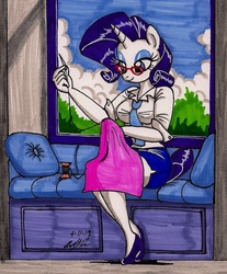 Size: 1063x1282 | Tagged: safe, artist:newyorkx3, rarity, unicorn, anthro, plantigrade anthro, g4, clothes, female, glasses, sewing, shoes, skirt, solo, traditional art