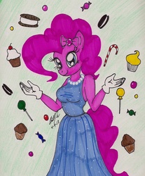 Size: 1363x1648 | Tagged: safe, artist:newyorkx3, pinkie pie, earth pony, anthro, g4, candy, clothes, cookie, cupcake, dress, lollipop, traditional art