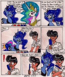 Size: 821x973 | Tagged: safe, artist:newyorkx3, princess celestia, princess luna, human, g4, comic, popsicle, prank, self insert, tongue out, traditional art, watermark