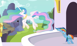 Size: 1909x1153 | Tagged: safe, princess celestia, rainbow dash, alicorn, pegasus, pony, g4, bucking, duo, duo female, female, magnicide, mare