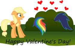 Size: 2055x1383 | Tagged: safe, artist:madzik0107, applejack, rainbow dash, soarin', earth pony, pony, g4, bush, female, heart, holiday, implied sex, male, mare, ship:soarindash, shipping, straight, tail sticking out, valentine, valentine's day