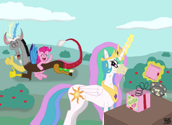 Size: 2767x1998 | Tagged: safe, artist:erinbaka1090, discord, pinkie pie, princess celestia, g4, food, laughing, pie, prank, present, spring loaded pie, this will end in tears and/or a journey to the moon, unamused