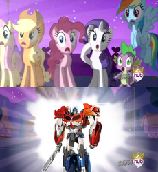 Size: 1276x1386 | Tagged: safe, applejack, fluttershy, pinkie pie, rainbow dash, rarity, spike, g4, alicorn flash, beast hunters, exploitable meme, hub logo, meme, optimus prime, transformers, transformers prime