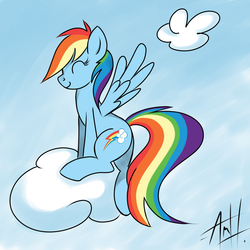 Size: 1000x1000 | Tagged: safe, artist:jigsaw91, rainbow dash, pegasus, pony, g4, cloud, eyes closed, female, happy, mare, signature, sky, solo