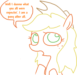 Size: 553x542 | Tagged: safe, artist:weaver, applejack, earth pony, pony, g4, bust, dialogue, female, looking at you, loose hair, open mouth, simple background, solo, white background