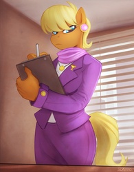 Size: 921x1183 | Tagged: safe, artist:scappo, ms. harshwhinny, earth pony, anthro, g4, clipboard, clothes, cougar, ear piercing, female, looking at you, looking down, looking down at you, piercing, solo