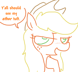 Size: 553x508 | Tagged: safe, artist:weaver, applejack, pony, g4, bedroom eyes, bust, dialogue, female, looking at you, loose hair, mare, open mouth, simple background, smiling, solo, white background
