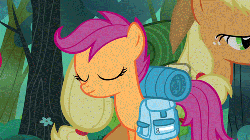 Size: 500x281 | Tagged: safe, screencap, apple bloom, applejack, scootaloo, earth pony, pegasus, pony, g4, sleepless in ponyville, animated, apple bloom's bow, bag, bow, cute, cutealoo, eyes closed, female, filly, foal, gif, hair bow, looking up, mare, saddle bag, tree