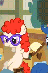 Size: 193x293 | Tagged: safe, screencap, archer (character), scootablue, silver spoon, sun glimmer, twist, call of the cutie, g4, animated, cropped, desk, female, glasses, male, sitting, solo focus, stool, talking, thwag