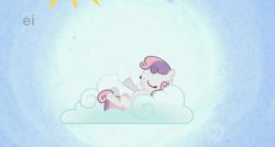 Size: 626x336 | Tagged: safe, screencap, sweetie belle, pony, g4, season 1, stare master, animation error, cloud, ei, female, filly, foal, hub logo, hush now quiet now, solo, the hub