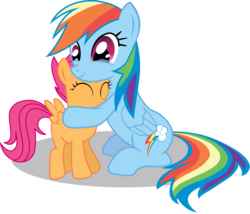 Size: 3500x3000 | Tagged: dead source, safe, artist:chubble-munch, rainbow dash, scootaloo, pegasus, pony, g4, ^^, blank flank, eyes closed, female, filly, foal, folded wings, hug, mare, scootalove, simple background, sitting, spread wings, teary eyes, transparent background, wings