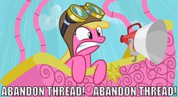 Size: 1150x625 | Tagged: safe, edit, edited screencap, screencap, cherry berry, pony, g4, the mysterious mare do well, abandon thread, aviator hat, balloon, caption, female, goggles, hat, hot air balloon, image macro, megaphone, reaction image, solo, twinkling balloon