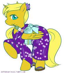 Size: 600x680 | Tagged: safe, artist:pettankoprincess, oc, oc only, oc:ticket, alicorn, pony, alicorn oc, clothes, dango, japanese fashion, kimono (clothing), solo, yukata